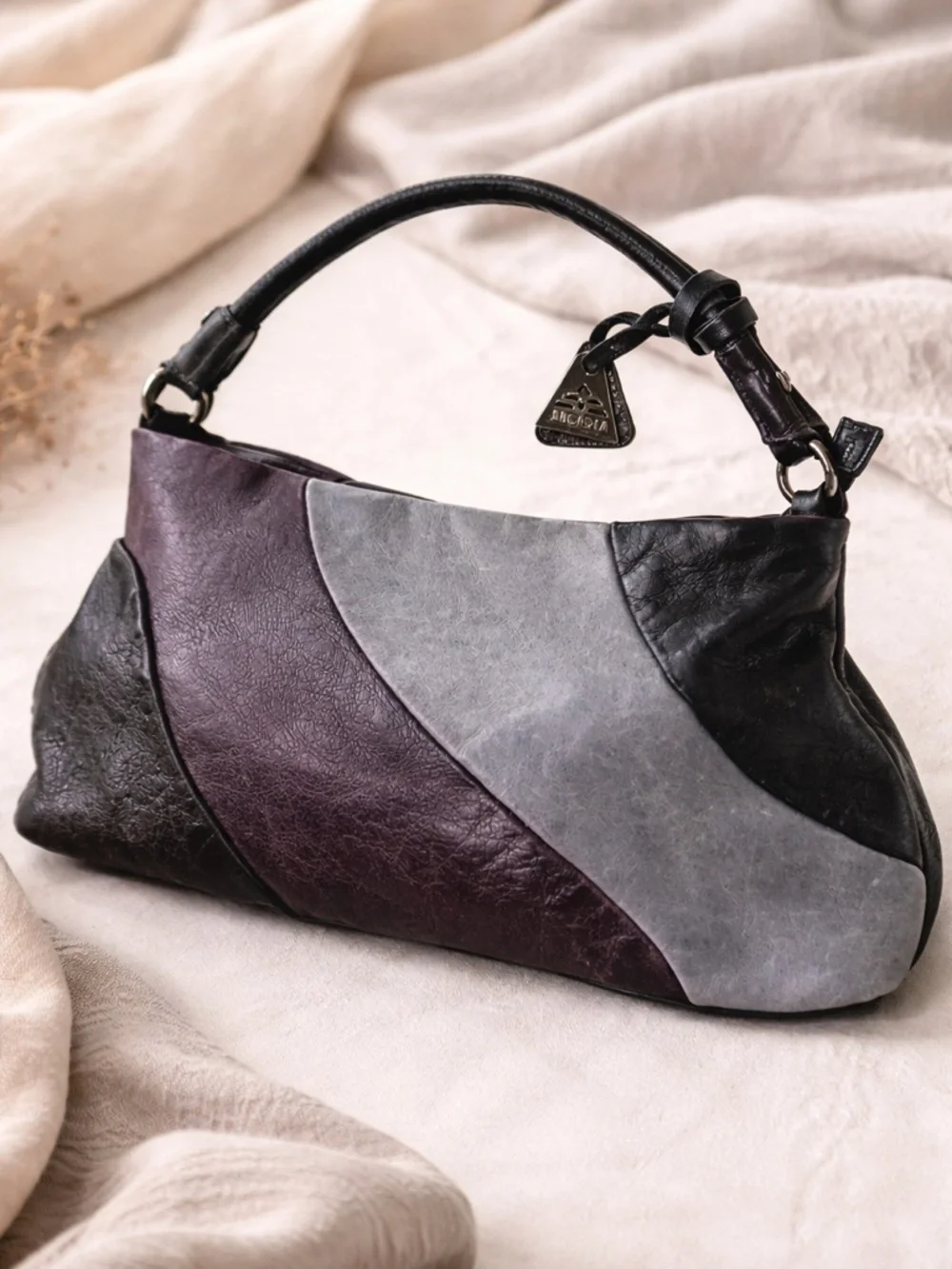 Arcadia Leather Hobo Bag Italy Colorblock Black Purple - Picture 1 of 10